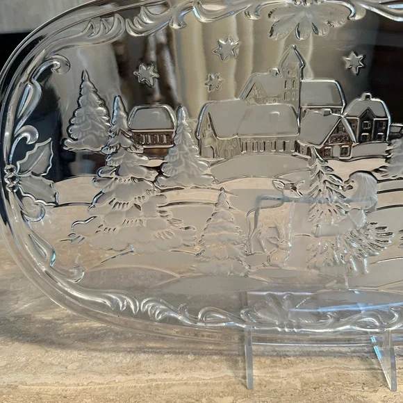Clear Glass Winter Scene Girl with Christmas Tree and Deer Cookies Platter - Picture 2 of 10